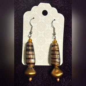 Striped Gold and Brown Dangle Earrings